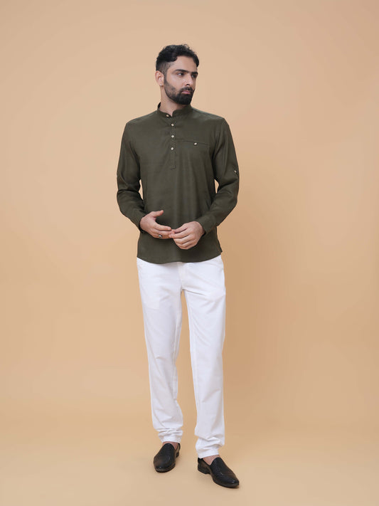 Dark Olive Linen Plain Short Kurta