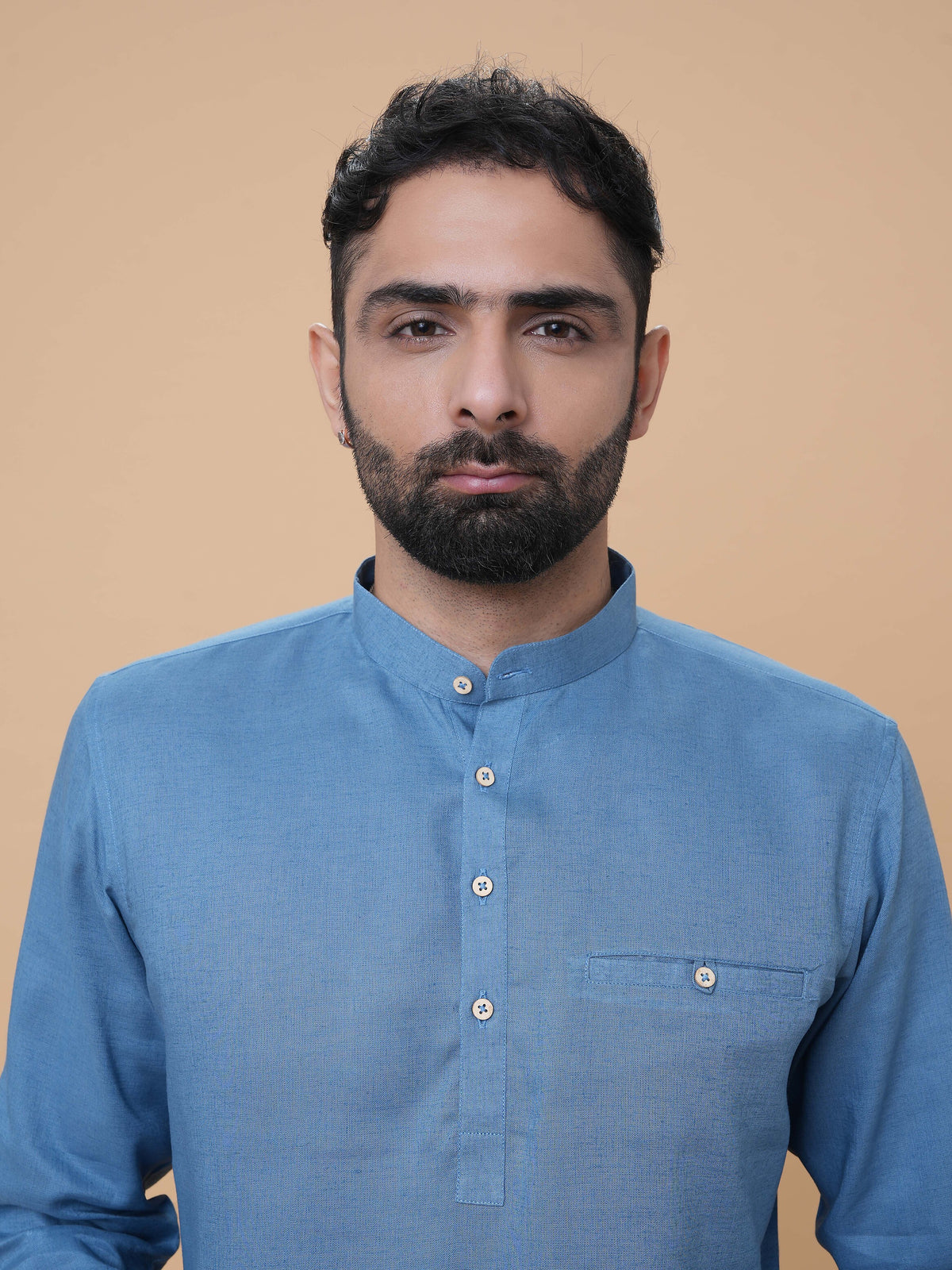 Air Force Blue Linen Plain Short Kurta