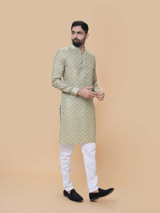 Mehendi Green Linen Cotton Printed Kurta Pyjama