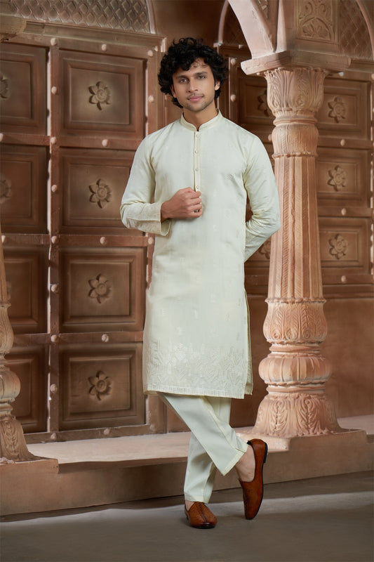 Beige cotton Kurta Pyjama with Thread Embroidery and Motifs