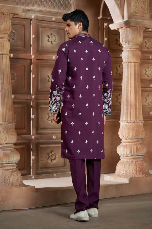 Wine cotton Kurta Pyjama with Thread Embroidery and Motifs