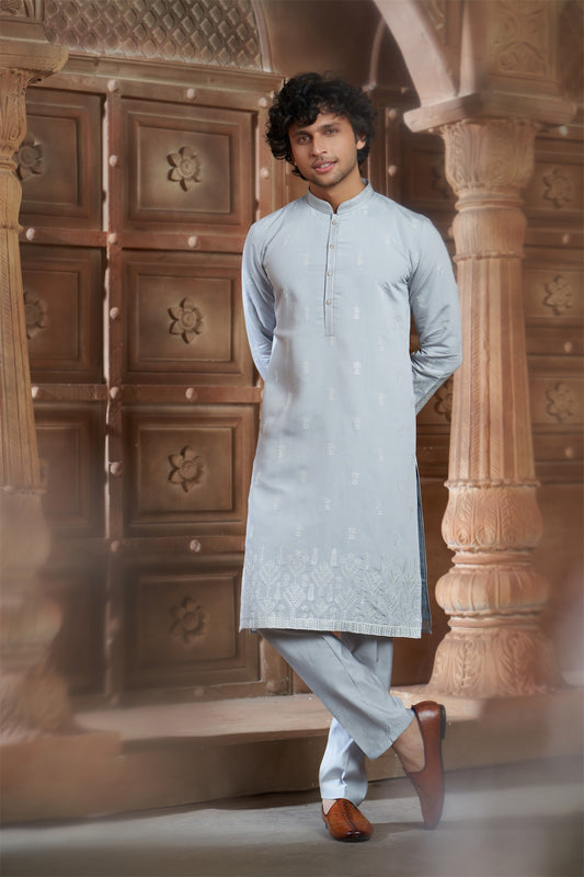 Light Gray cotton Kurta Pyjama with Thread Embroidery and Motifs