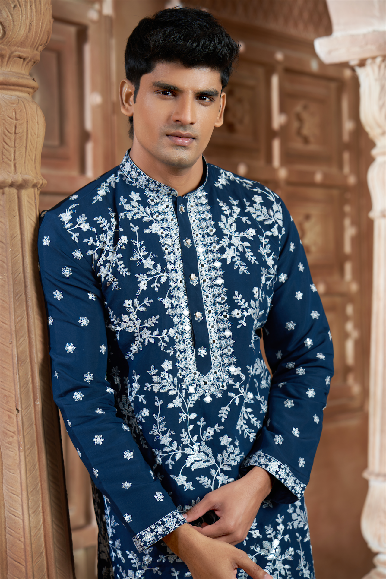 Teal Blue Chanderi Heavy Embroidery Kurta Set with Mirror Work