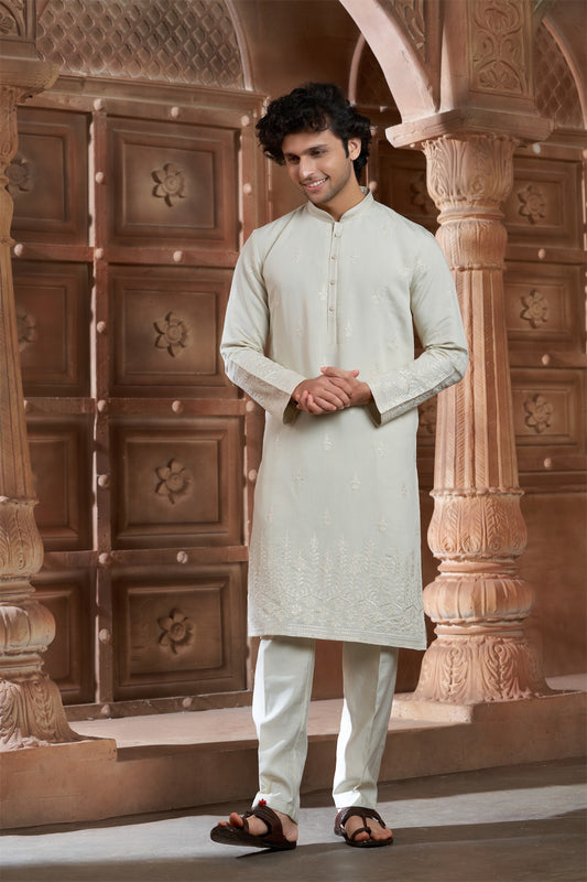 Lemon Yellow cotton Kurta Pyjama with Thread Embroidery and Motifs