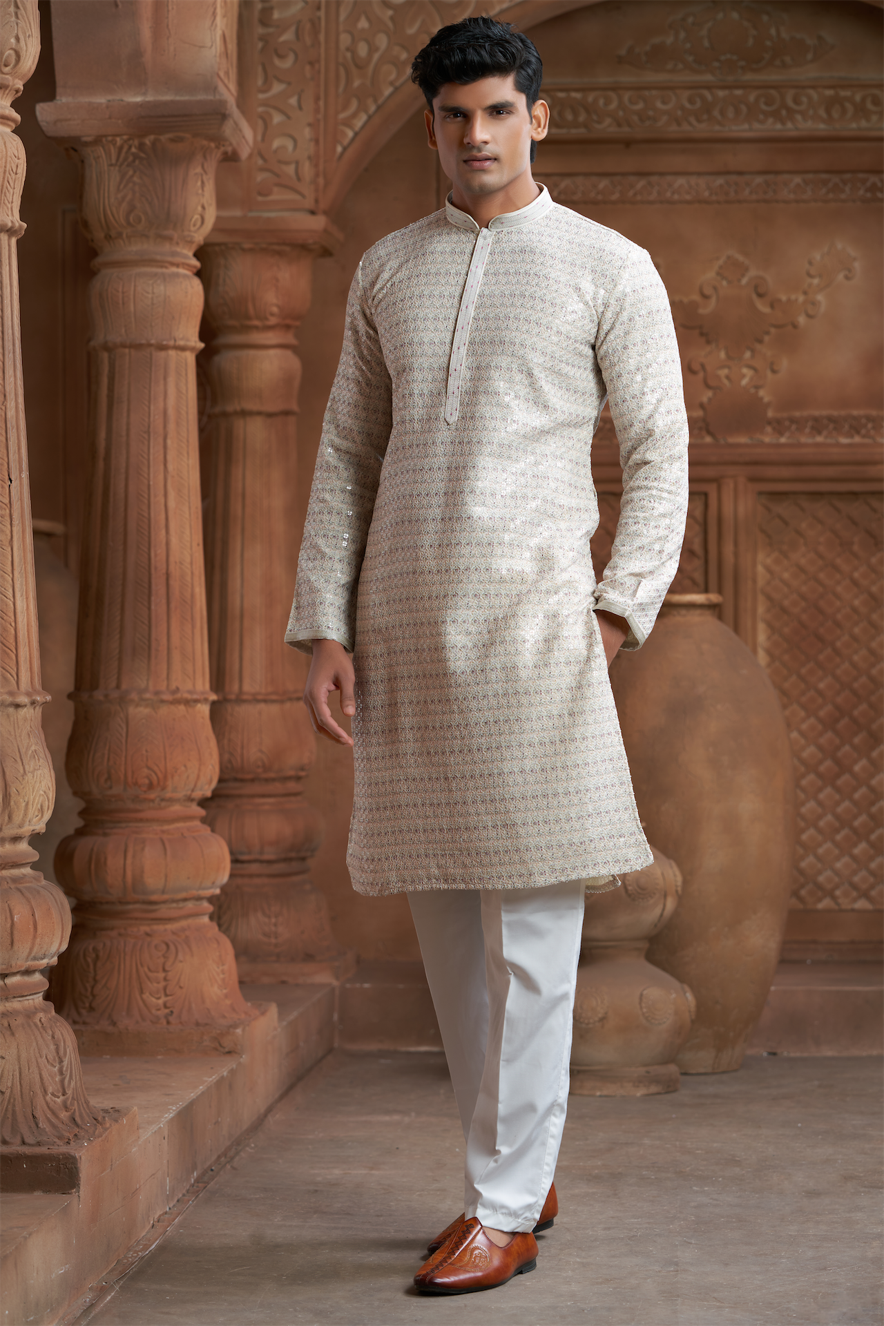 Cream Rayon Printed Kurta Pyjama