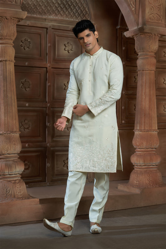 Lemon Yellow cotton Kurta Pyjama with Thread Embroidery and Motifs
