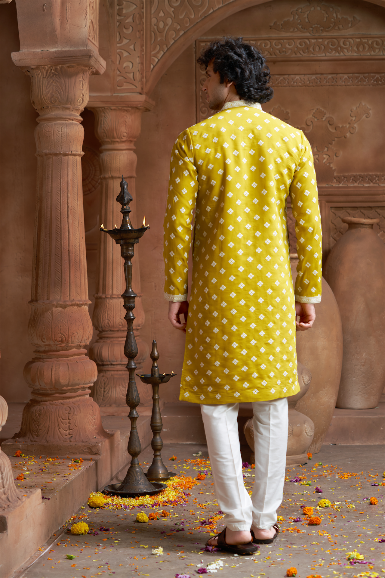 Mustard Muslin Allover Embroidered Kurta Pyjama