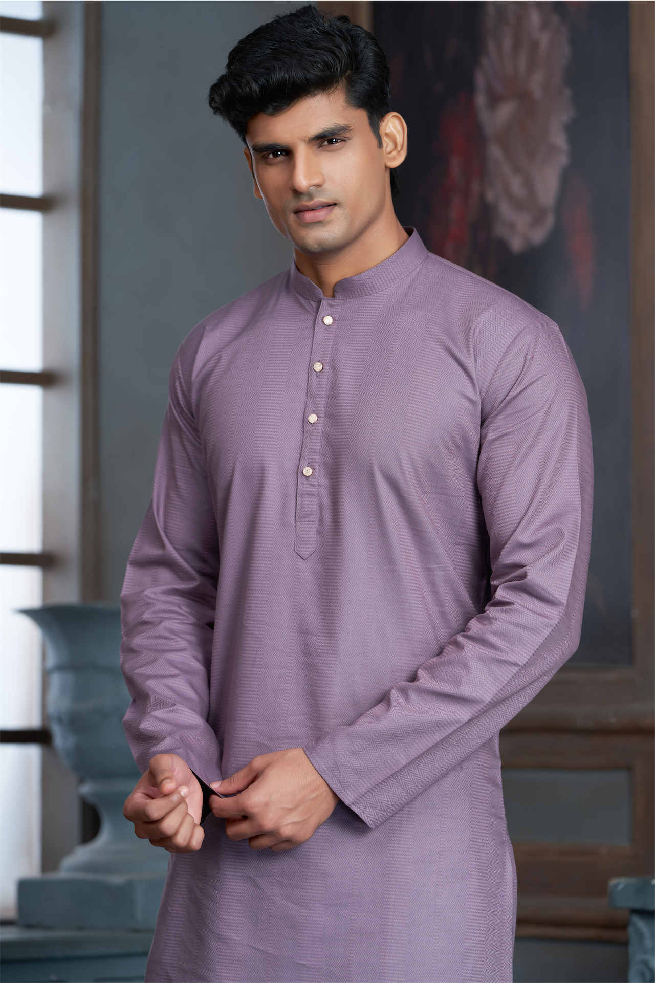 Lavender Pure Cotton Self Jaquard Kurta Pyjama
