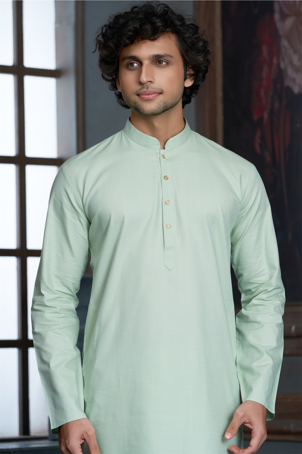 Pista Green Pure Cotton Self Jaquard Kurta Pyjama