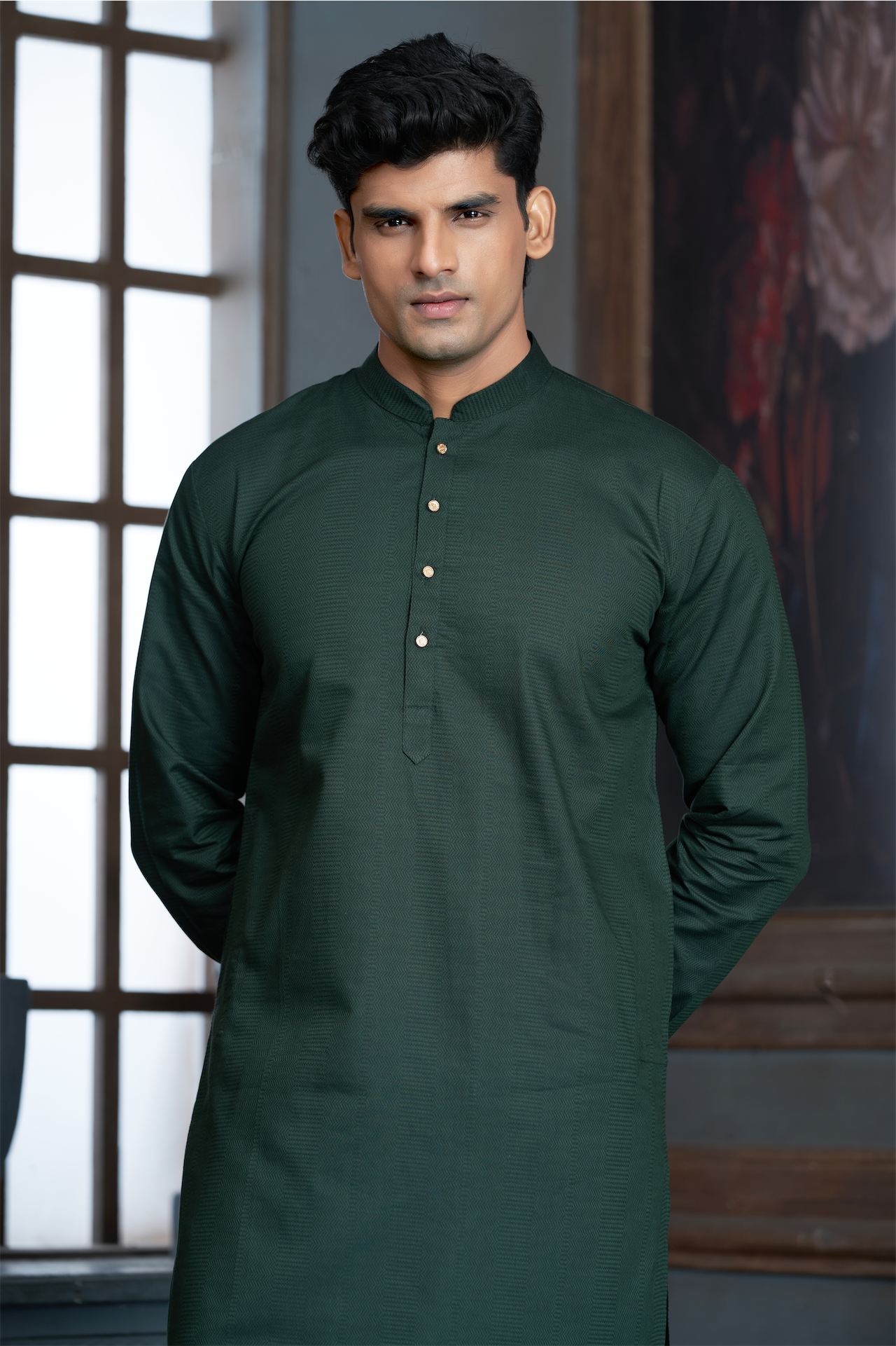 Bottle Green Pure Cotton Self Jaquard Kurta Pyjama