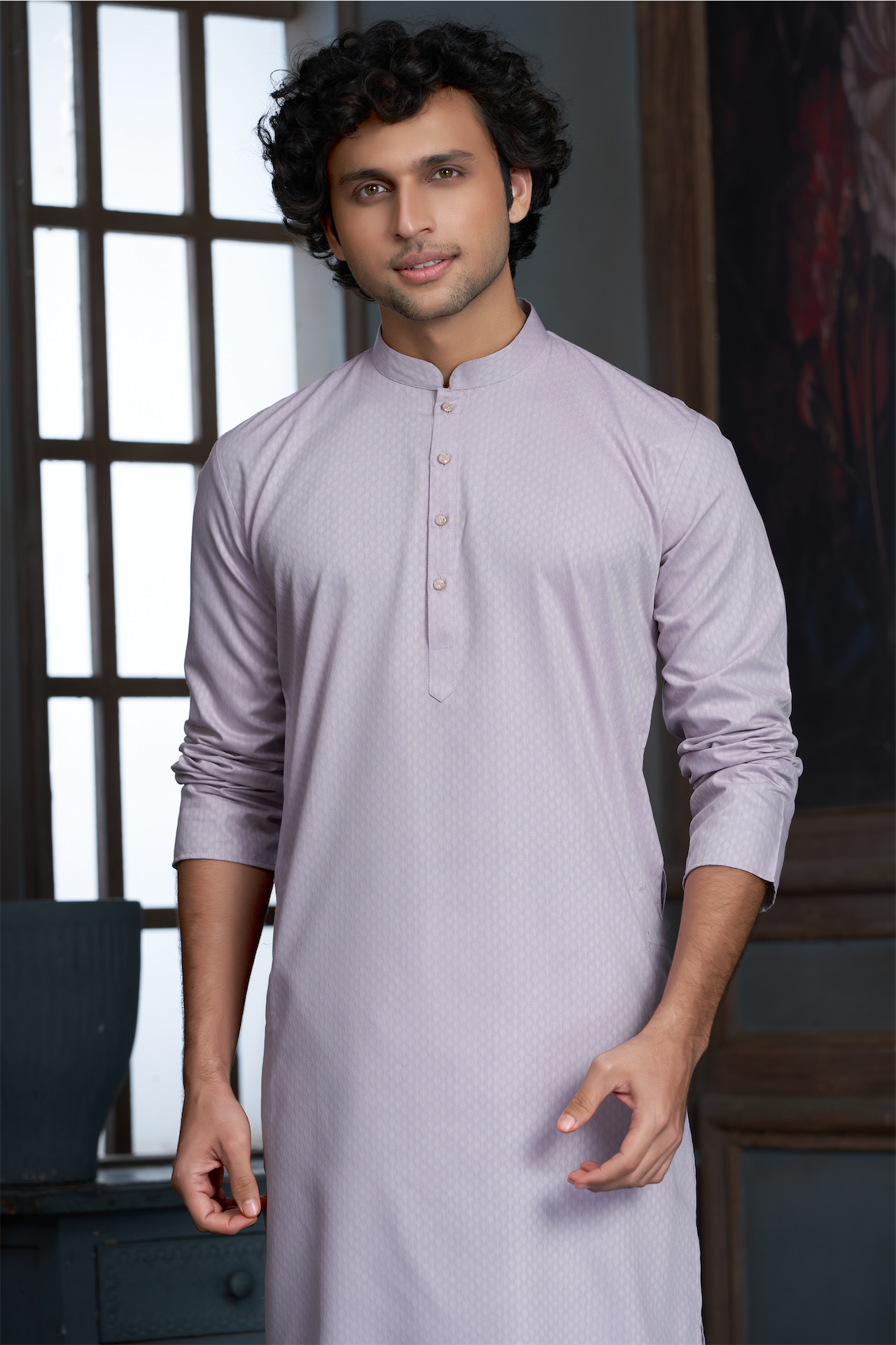 Onion Pink Pure Cotton Self Jaquard Kurta Pyjama