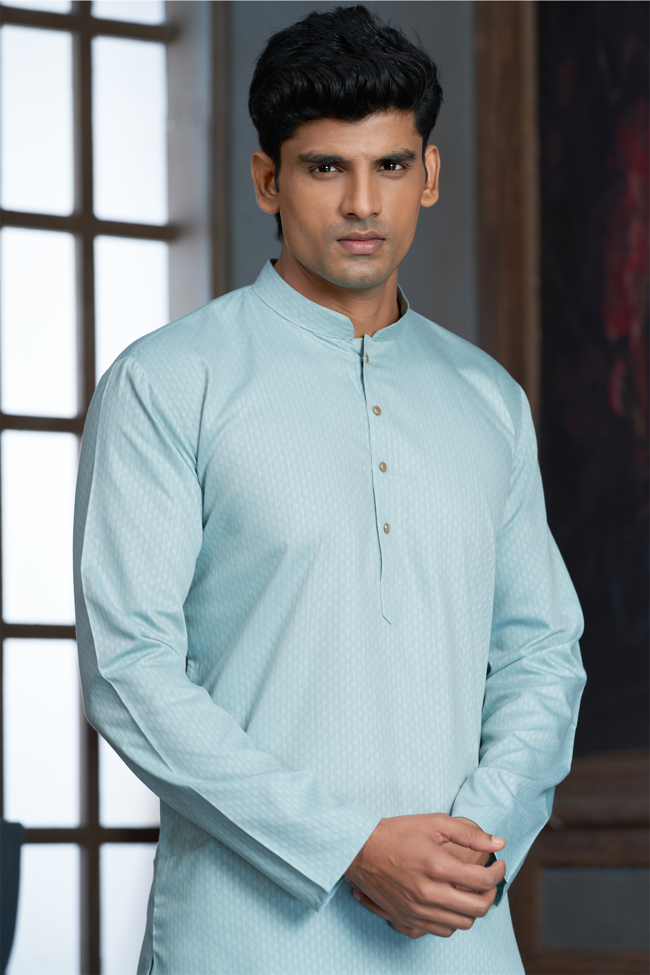 Mint Pure Cotton Self Jaquard Kurta Pyjama