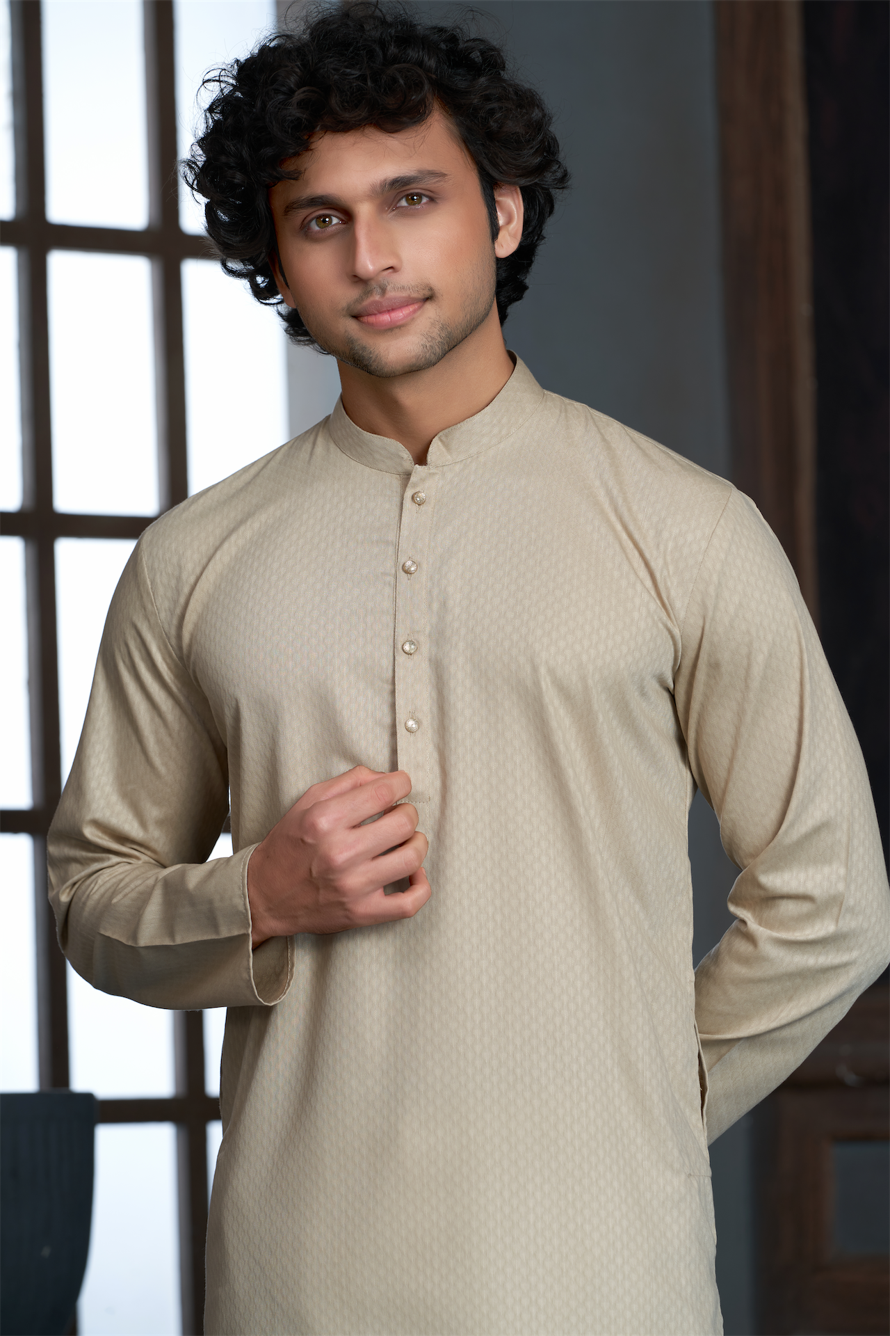 Fawn Pure Cotton Self Jaquard Kurta Pyjama