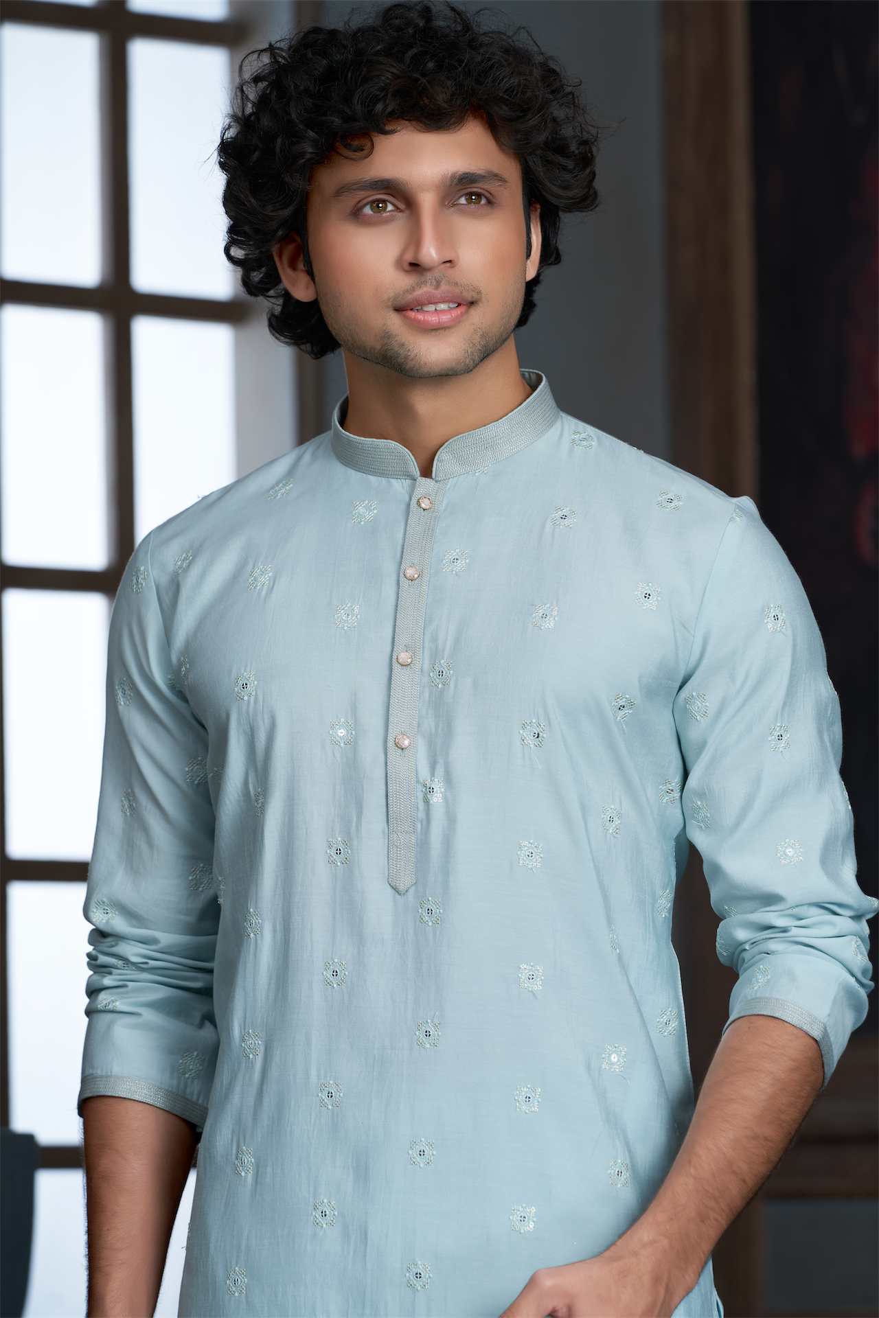 Mint Chanderi Kurta Pyjama with all Over Buta