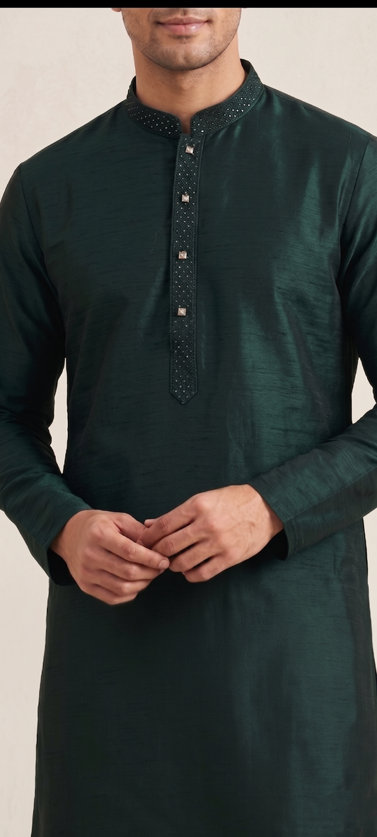 Bottle Green Art Silk Plain Kurta Set Festive Wear