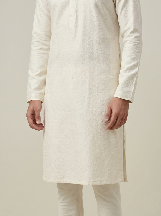 Cream Art Silk Jaquard Kurta Set Festive Wear