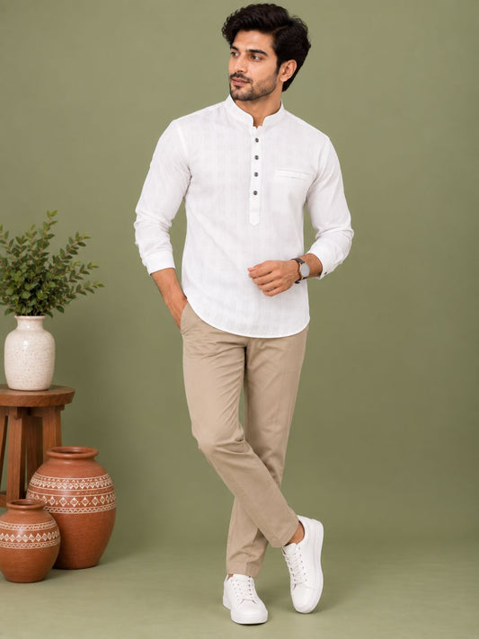 White Plain Textured Short Kurta