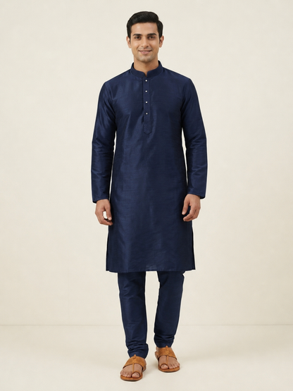 Navy Blue Art Silk Plain Kurta Set Festive Wear
