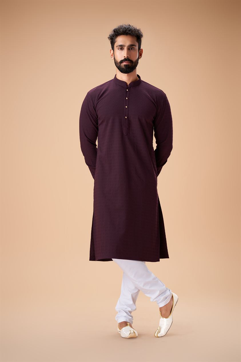 Wine Pure Cotton Self Jaquard Kurta Pyjama