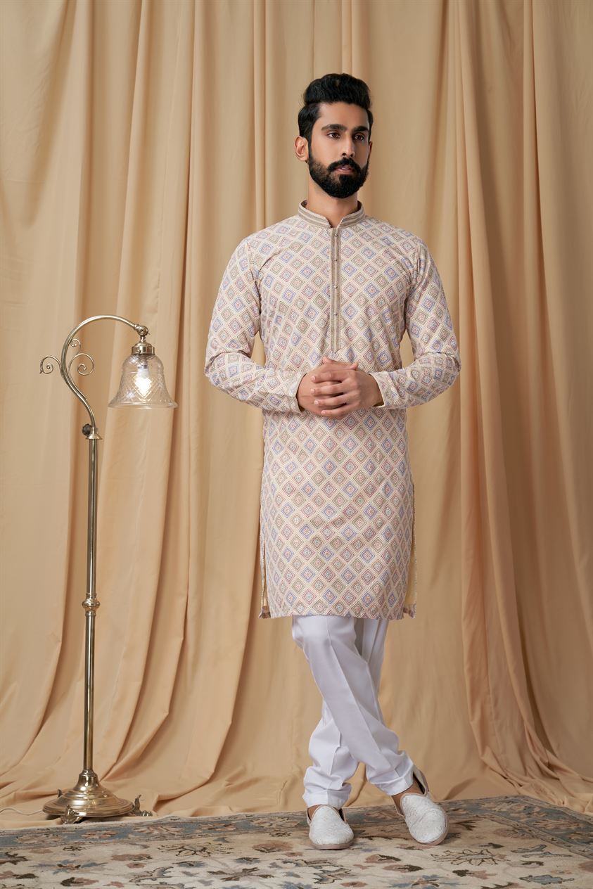 Beige Georgette Embroidered Kurta Pyjama