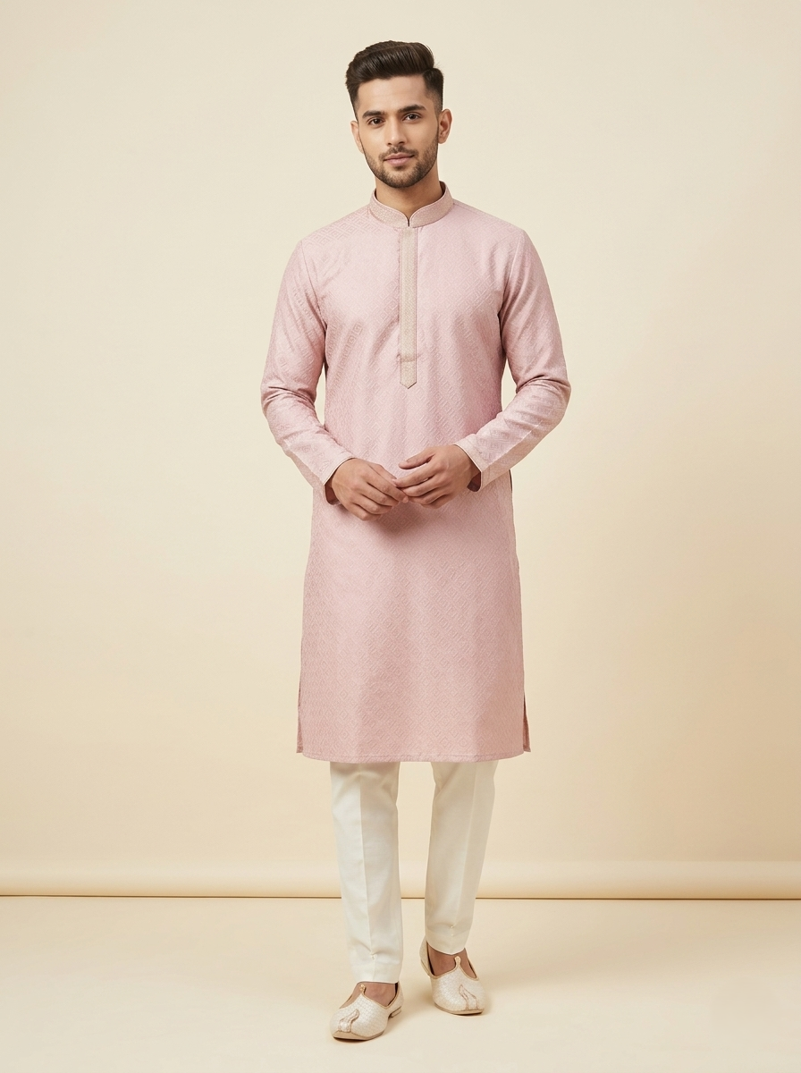Onion Pink Art Silk Jaquard Kurta Set Festive Wear