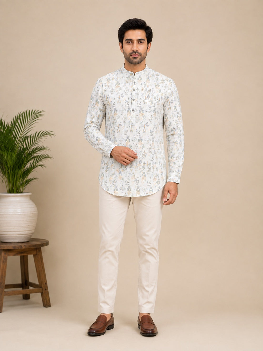 White Cotton Printed Short Kurta