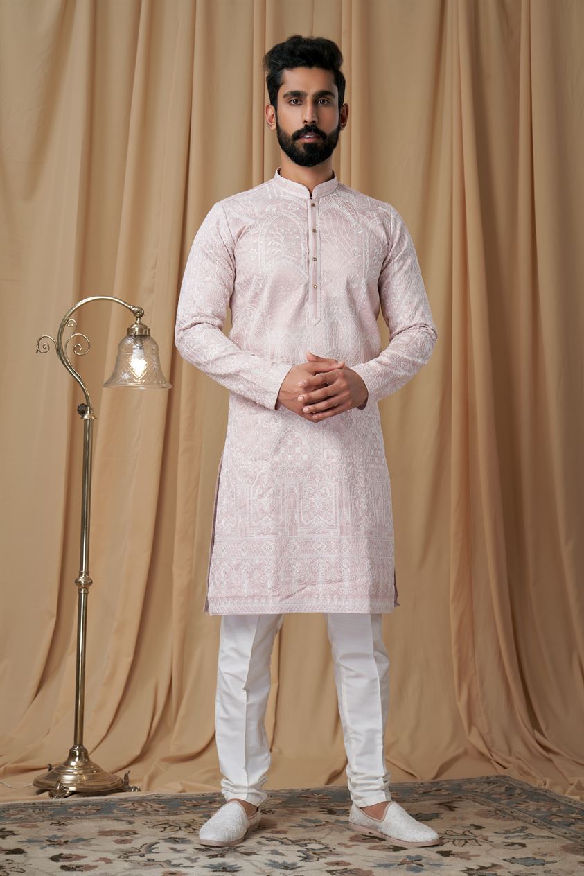 Baby Pink Art Silk Embroidered Kurta Pyjama
