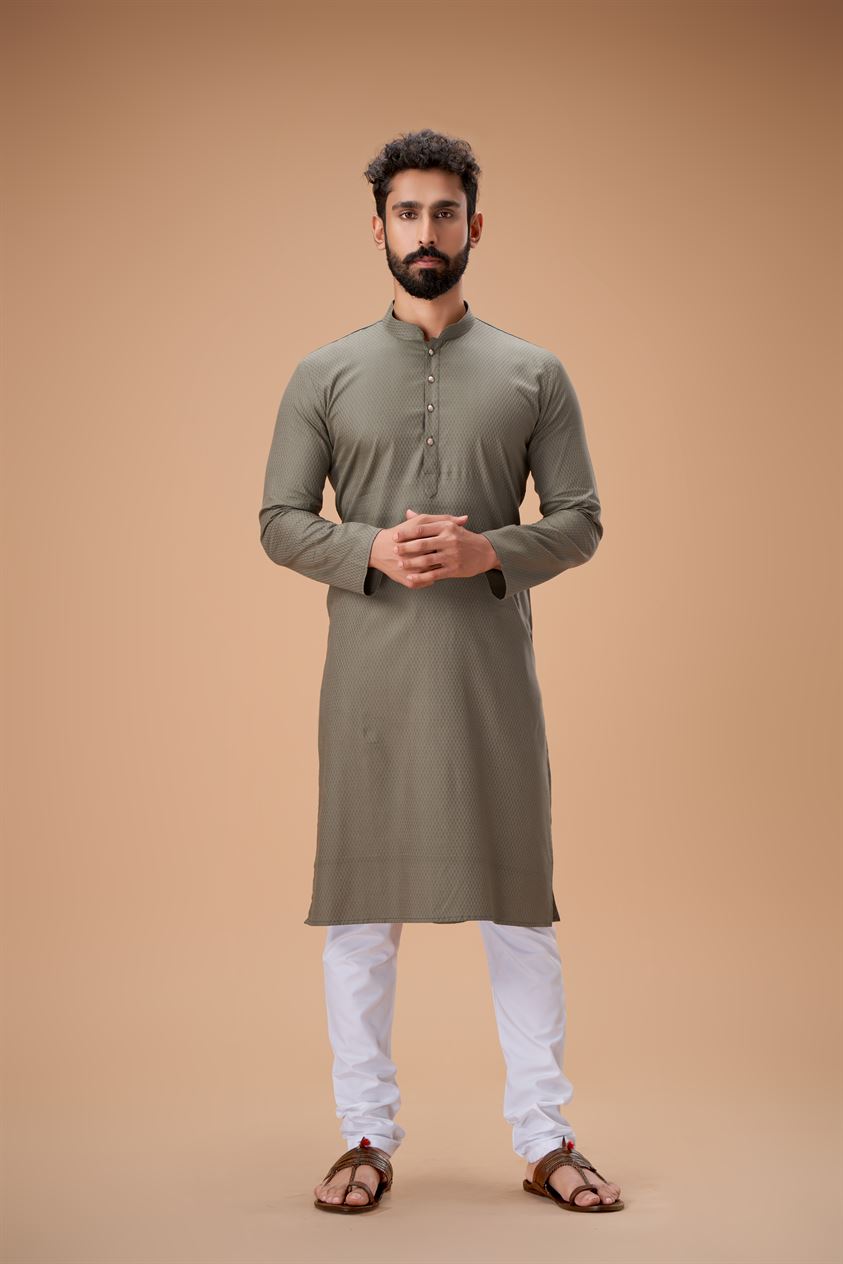 Olive Green Pure Cotton Self Jaquard Kurta Pyjama