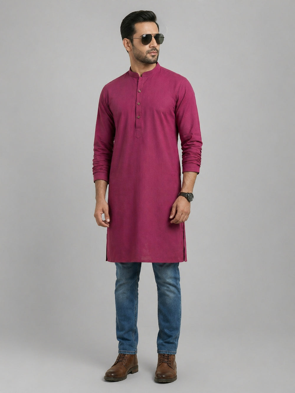 Dark Pink Art Silk Plain Long Kurta for Casual Wear