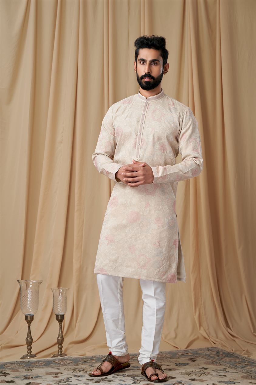Beige Matka Silk Embroidered Kurta Pyjama