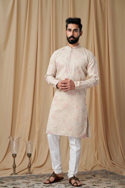 Beige Matka Silk Embroidered Kurta Pyjama