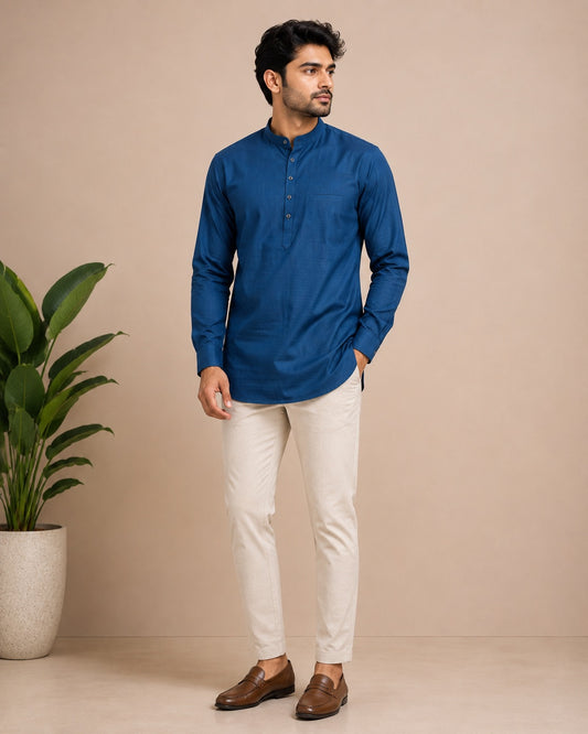 Teal Blue Plain Cotton Short Kurta