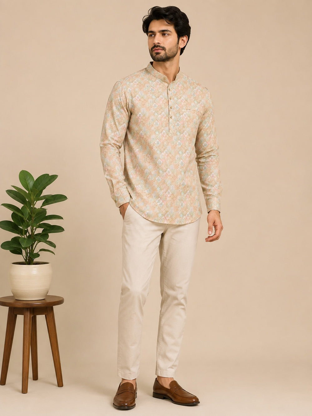 Lemon Yellow Cotton Printed Short Kurta