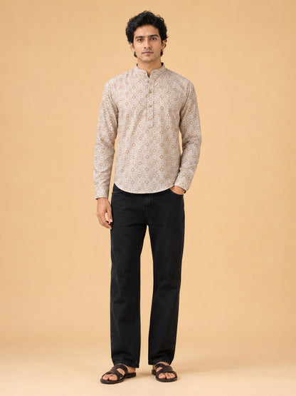 Beige Linen Printed Short Kurta