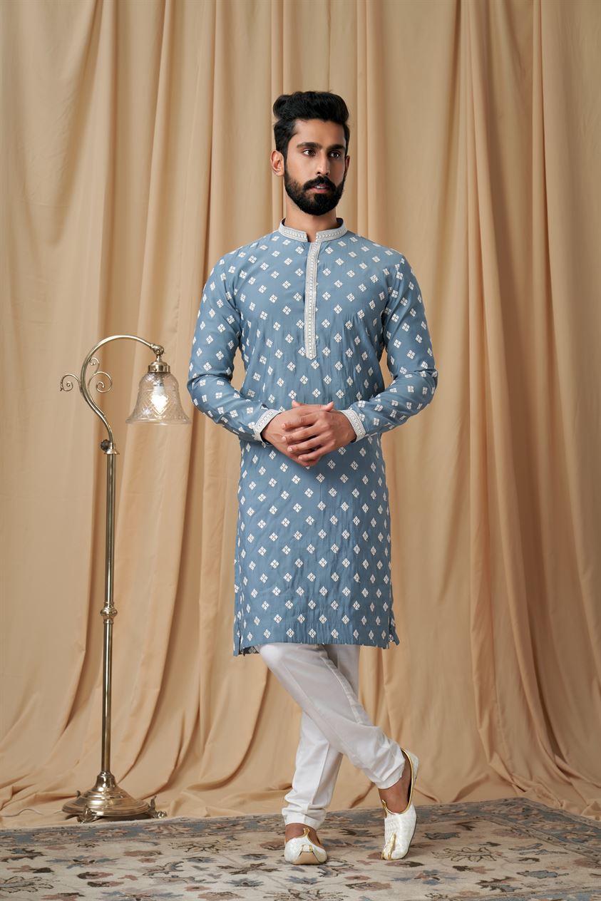 Air Force Blue Muslin Allover Embroidered Kurta Pyjama