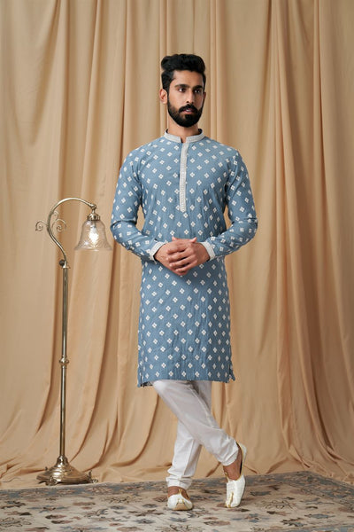 Air Force Blue Muslin Allover Embroidered Kurta Pyjama