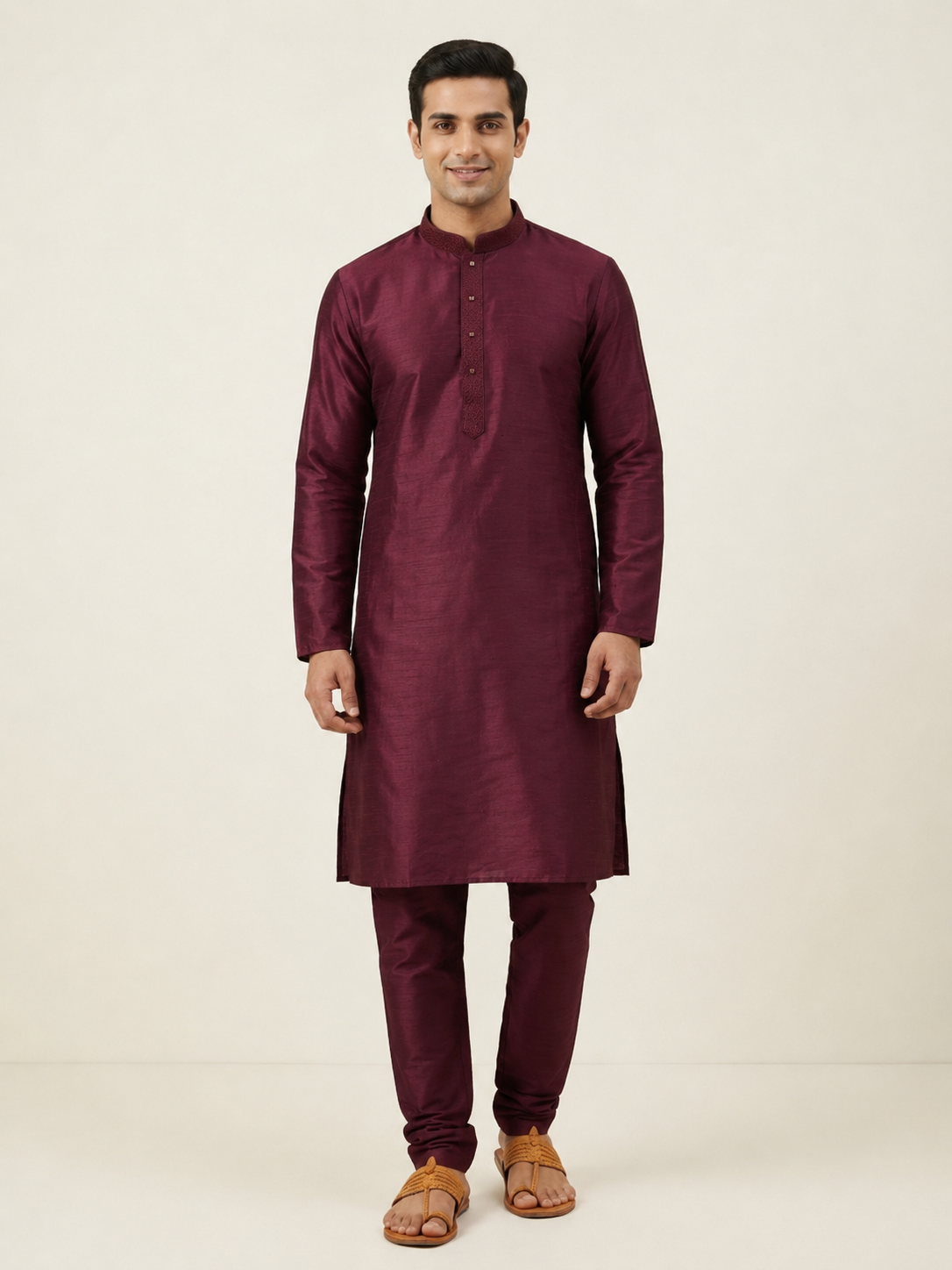 Wine Art Silk Plain Kurta Set Festive Wear