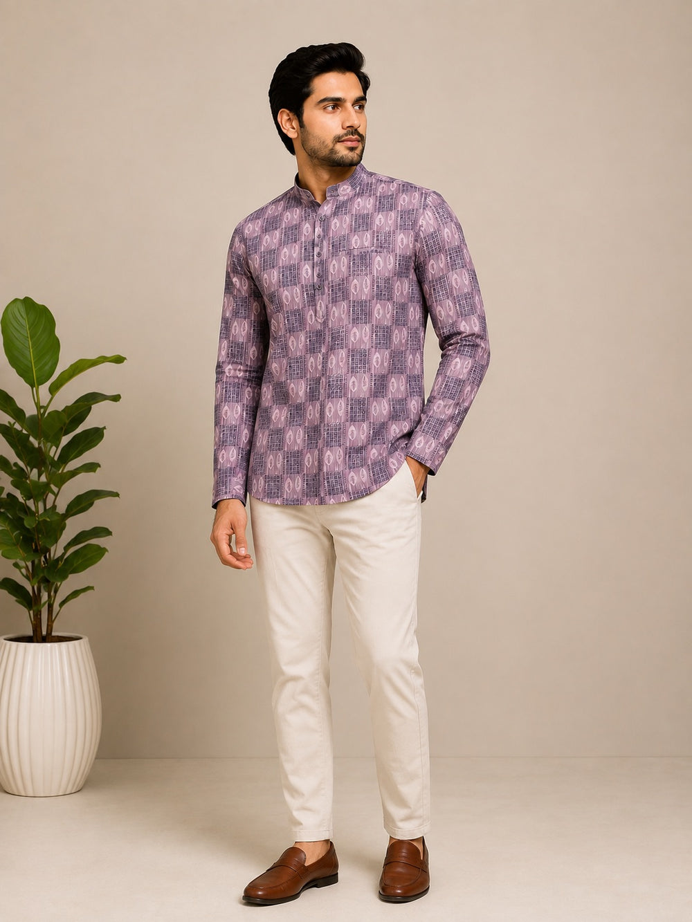 Onion Pink Cotton Printed Short Kurta