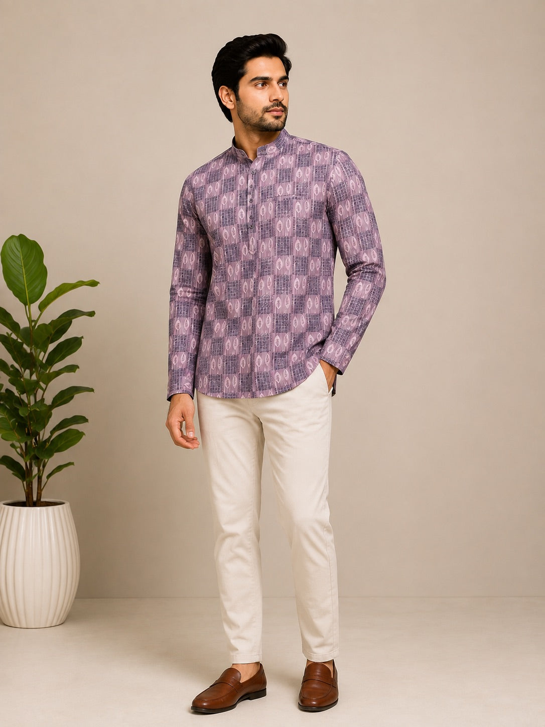 Onion Pink Cotton Printed Short Kurta
