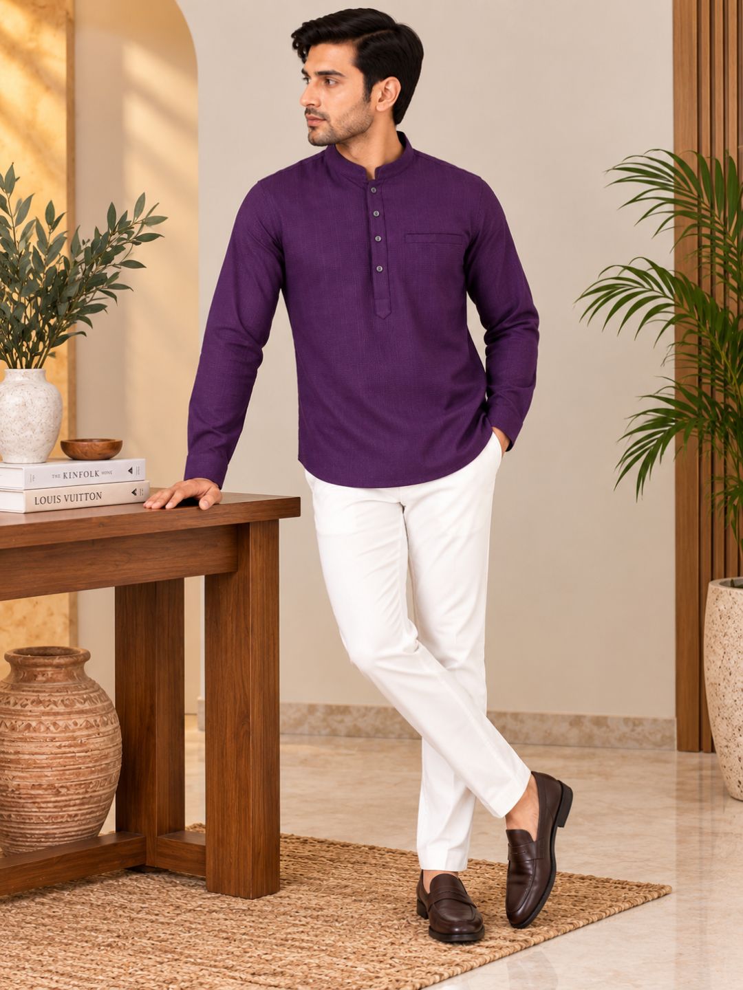 Wine Plain Textured Short Kurta