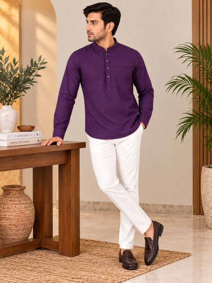 Wine Plain Textured Short Kurta