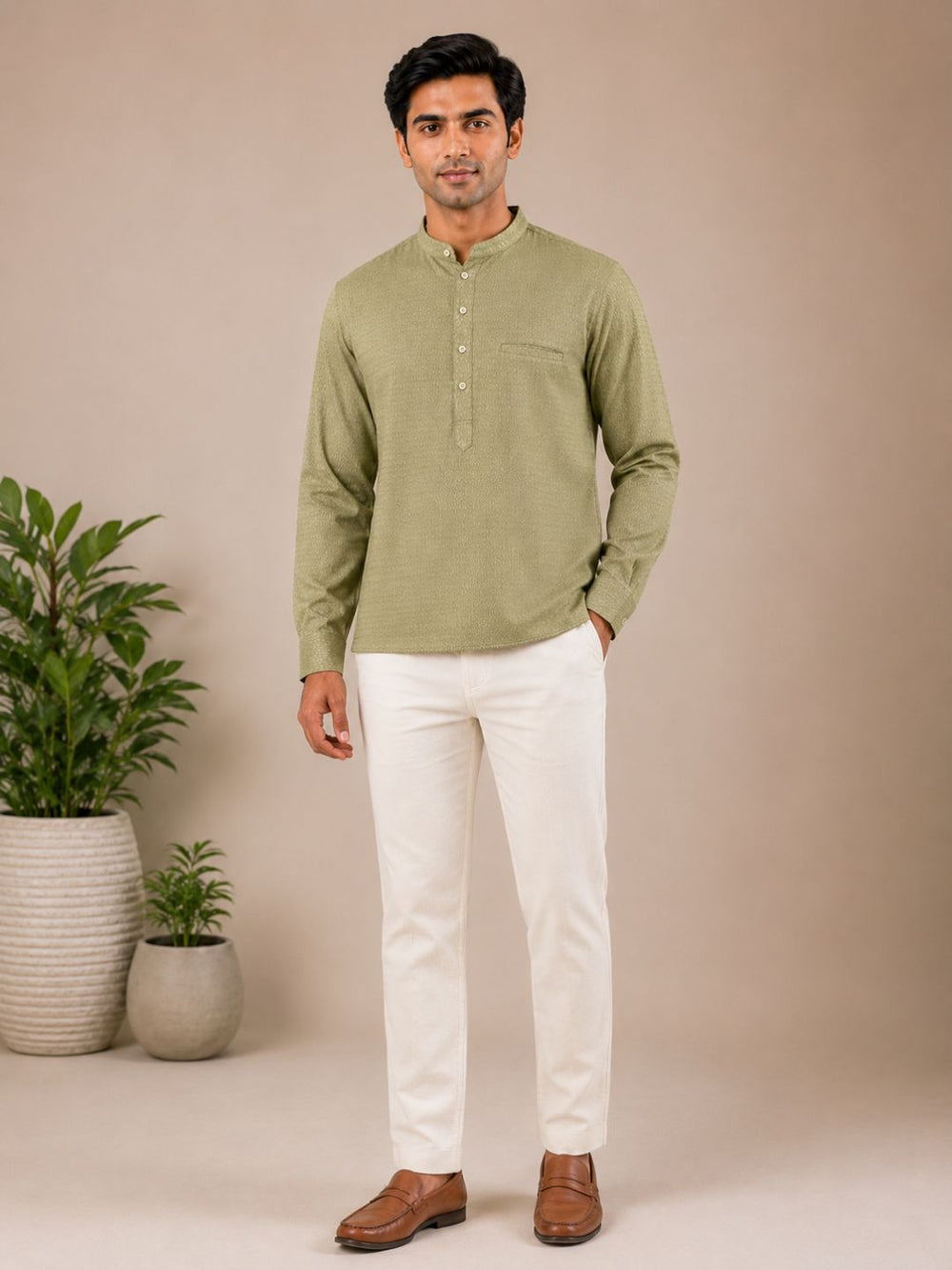 Olive Green Plain Cotton Short Kurta
