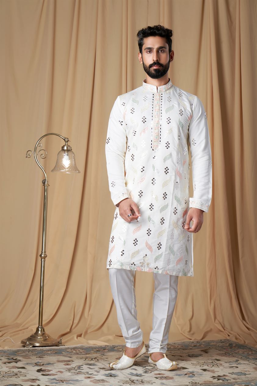 Off White Muslin Mirror and Embroidered Kurta Pyjama