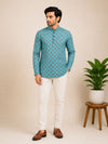 Turquoise Blue Cotton Printed Short Kurta