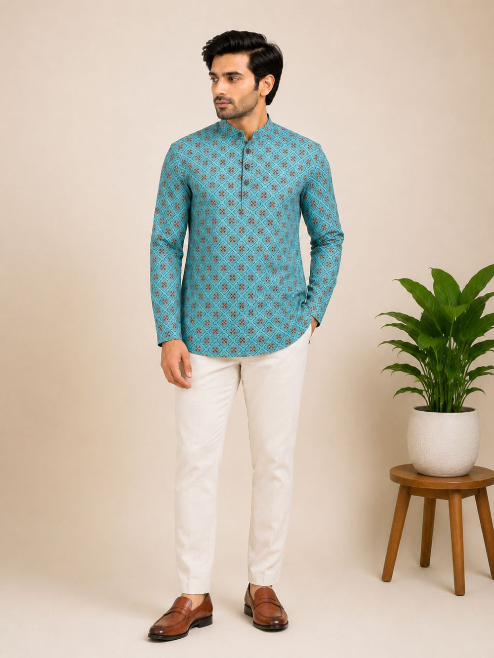 Turquoise Blue Cotton Printed Short Kurta