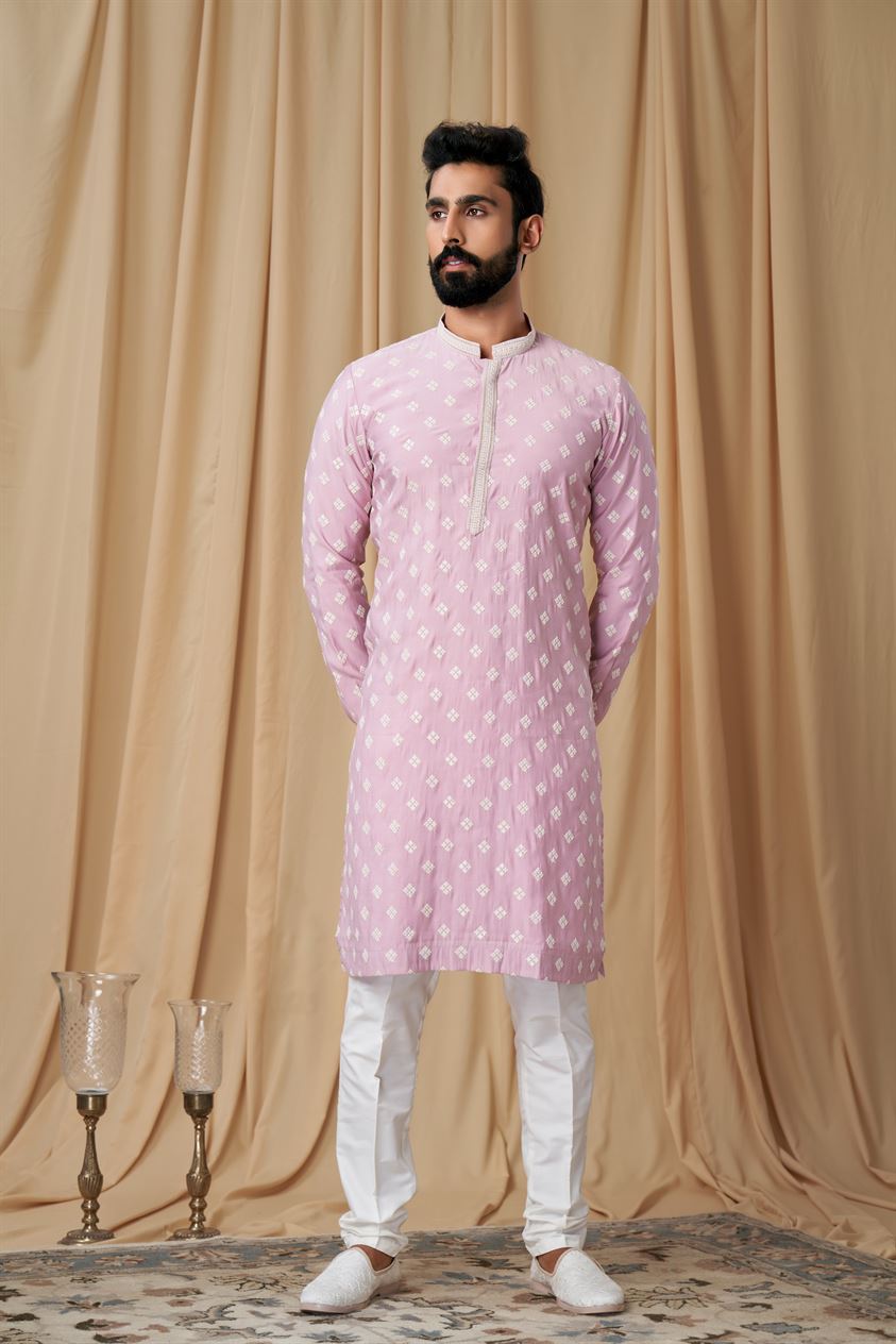 Onion Pink Muslin Allover Embroidered Kurta Pyjama