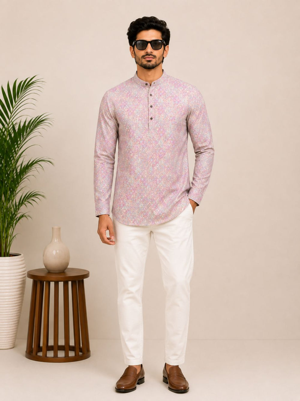 Onion Pink Cotton Printed Short Kurta