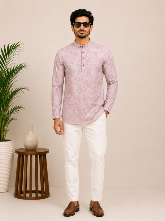 Onion Pink Cotton Printed Short Kurta