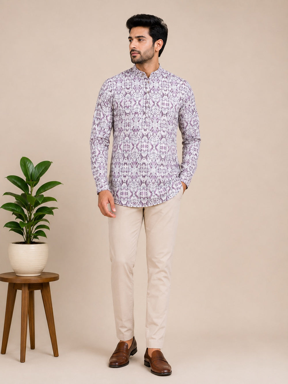 Lavender Linen Printed Short Kurta