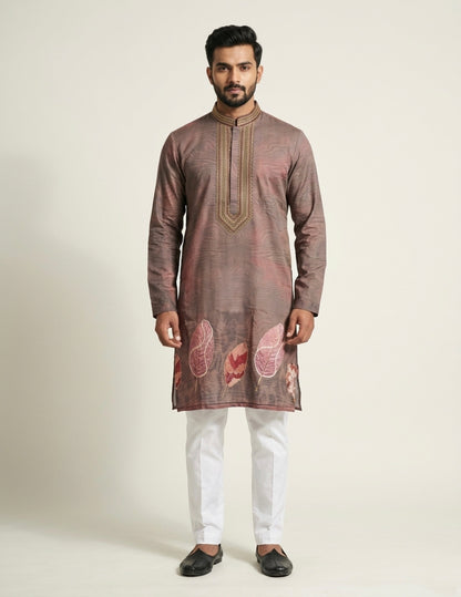 Brown Art Silk  Foil Printed Kurta Set Festive Wear